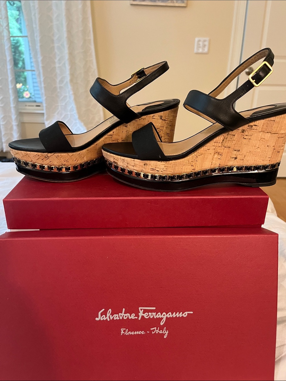 Salvatore Ferragamo Black Leather Cork Platform Wedges